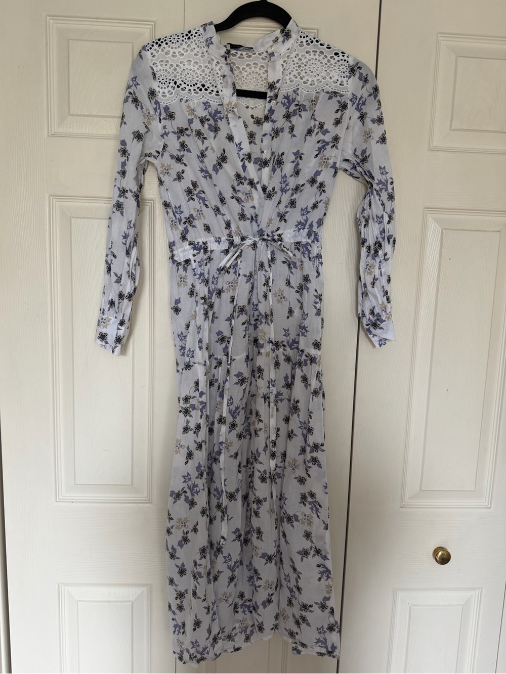 Sandro White Maxi Dress with Blue Floral Print and Lace Yoke